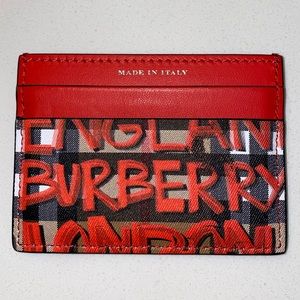 Burberry calfskin vintage check graffiti print card holder red